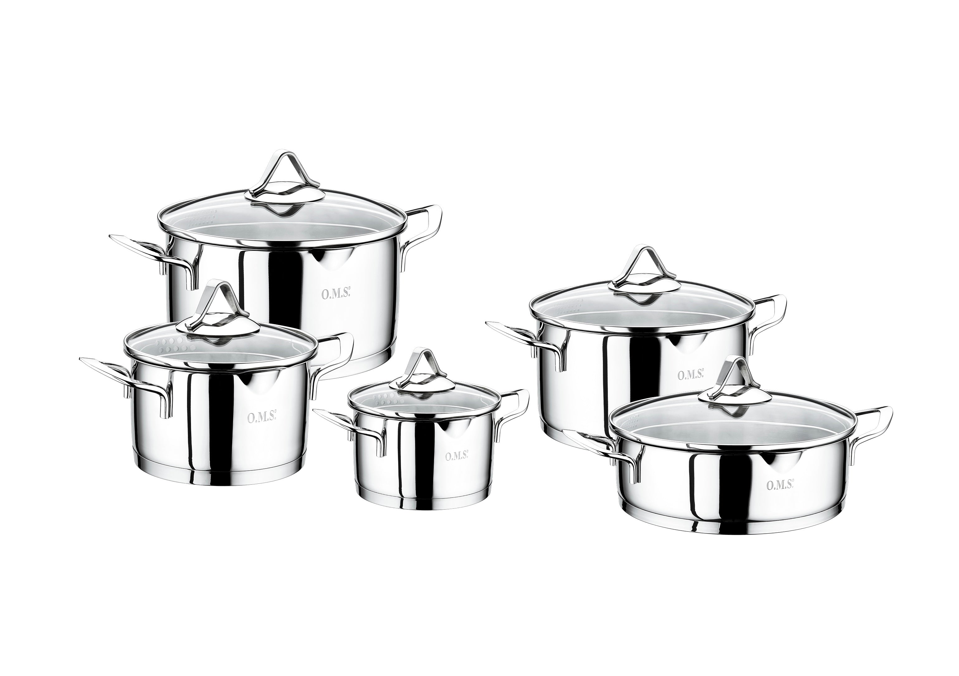 Juego de ollas en acero inoxidable 10 piezas / Colección OMS / 1057 Plata