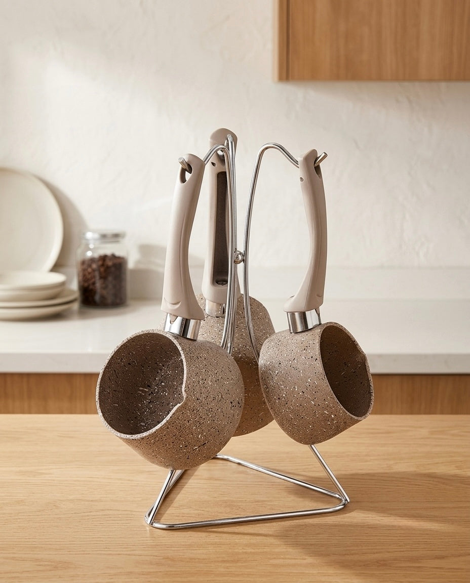 Juego de cafetera Turca en Biogranit 4 piezas / Colección OMS / 3227 Gris